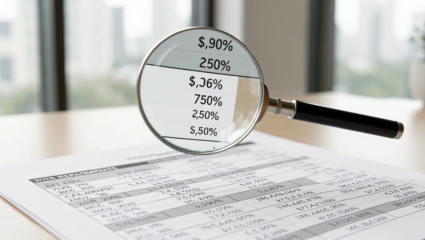 Magnifying glass inspecting loan interest rates and costs