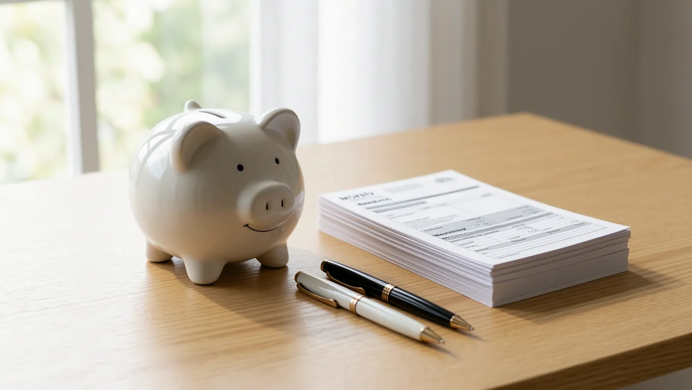 A piggy bank sitting next to organized financial documents