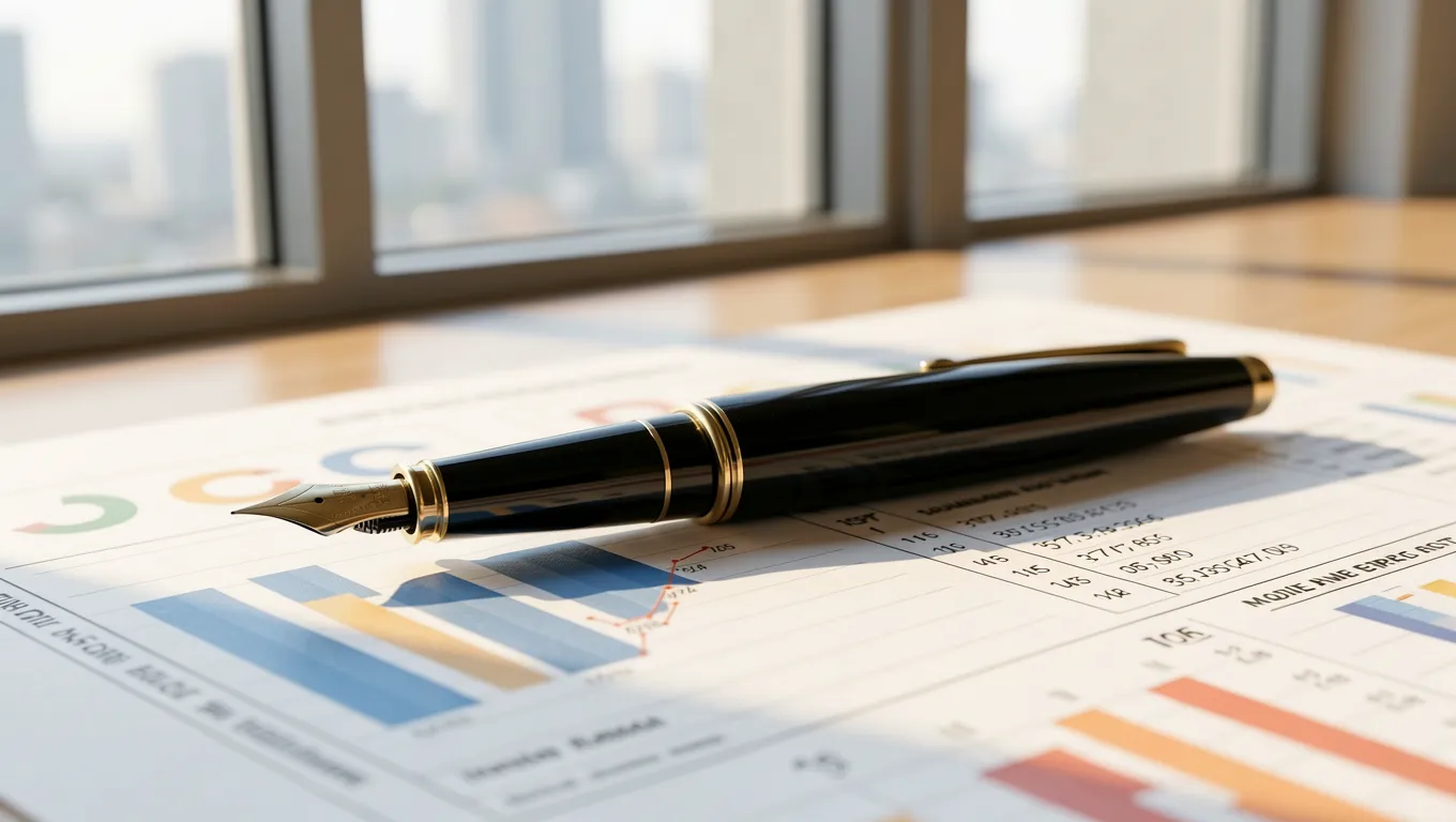 Macro shot of a credit report and pen in soft sunlight