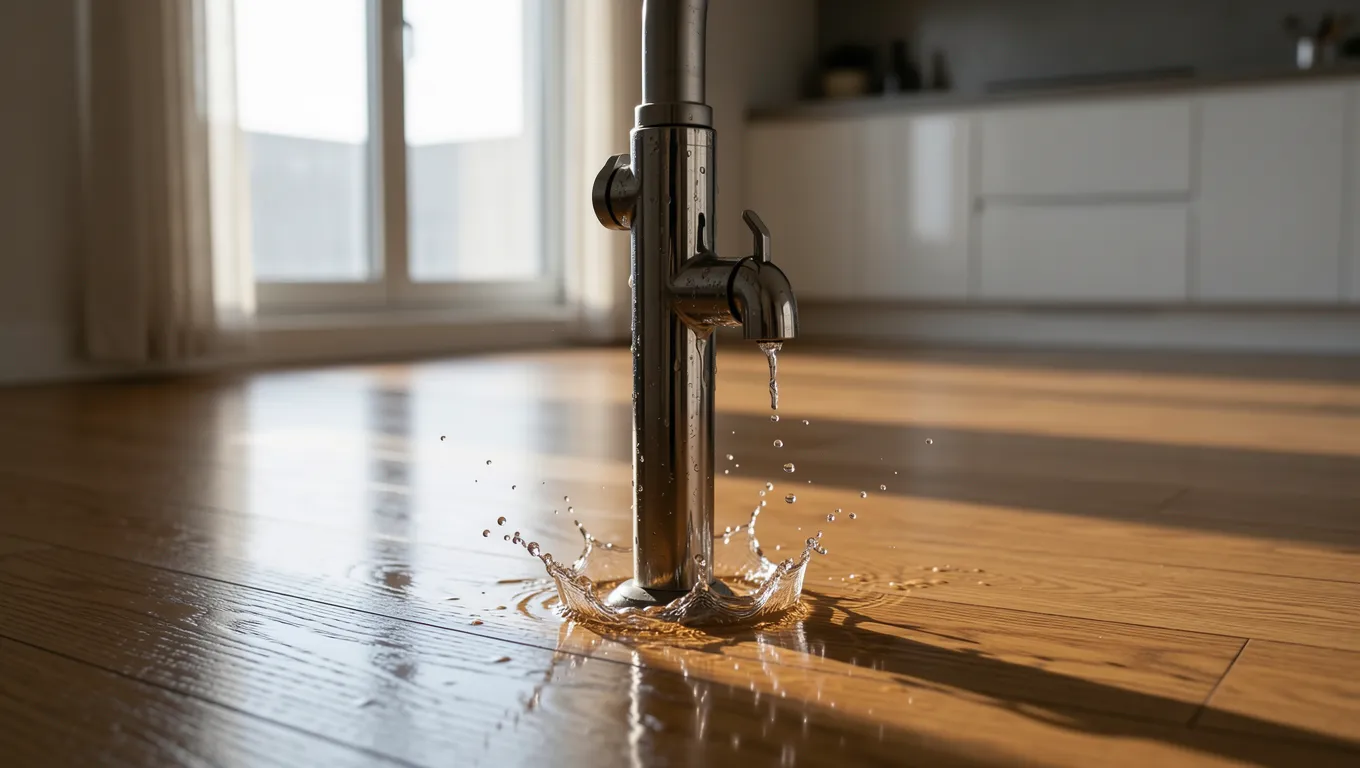 A leaking water pipe causing a mess on a kitchen floor