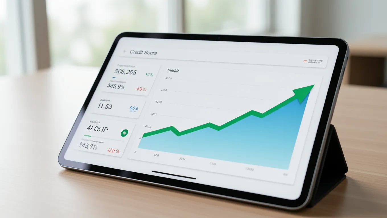 A digital credit score dashboard displaying improving trends for building credit repair.