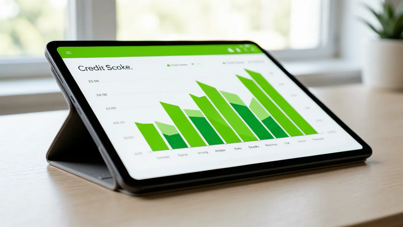 A digital tablet showing a credit score dashboard for checking your credit score.