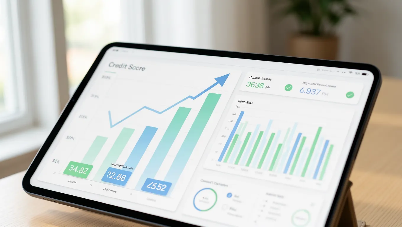 A digital credit score dashboard displaying financial growth metrics for your credit report and score.