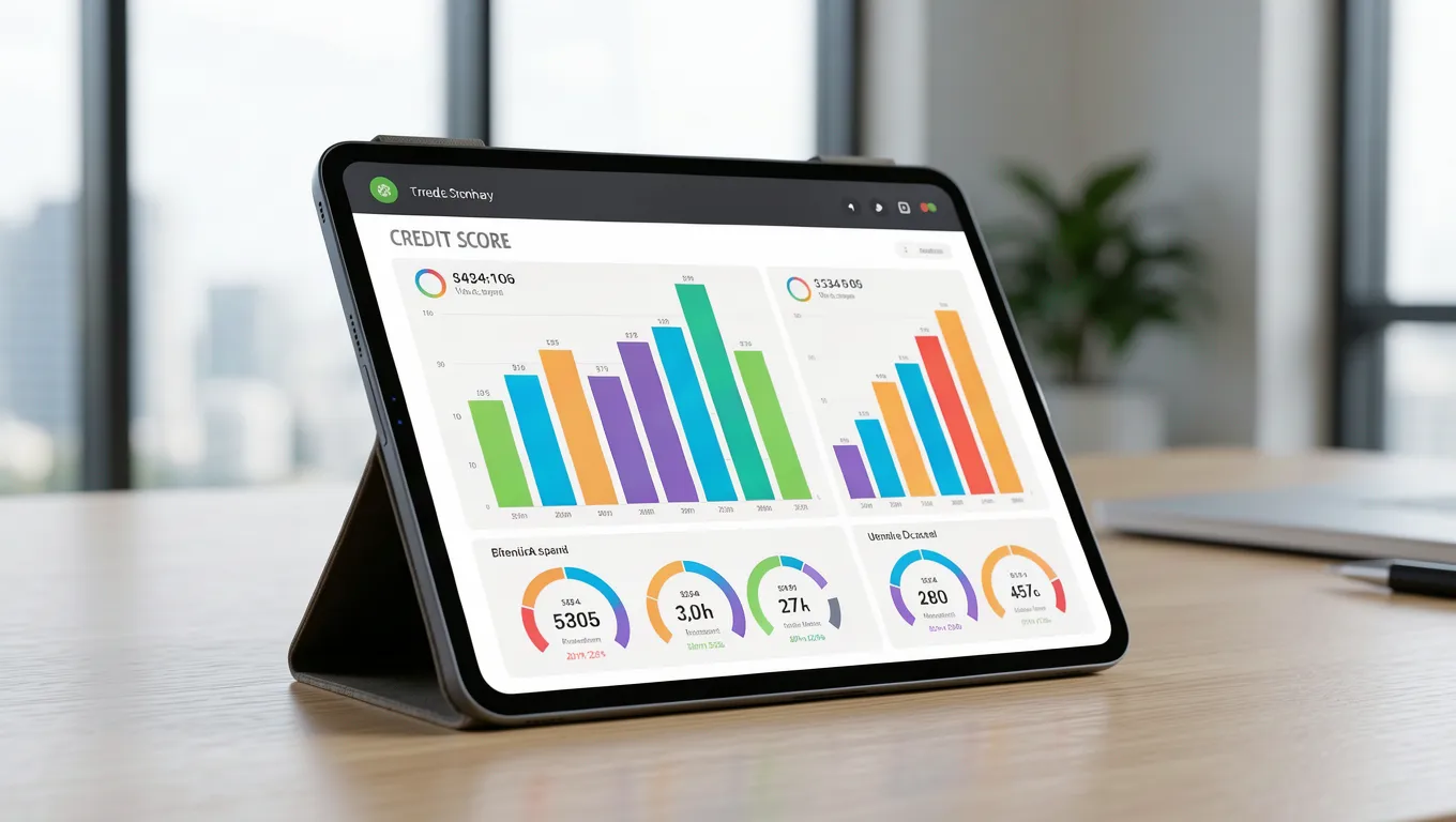 A digital credit score chart displayed on a modern tablet screen showing financial growth trends.