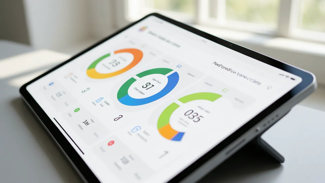 A digital credit score scale displayed on a tablet showing various rating levels