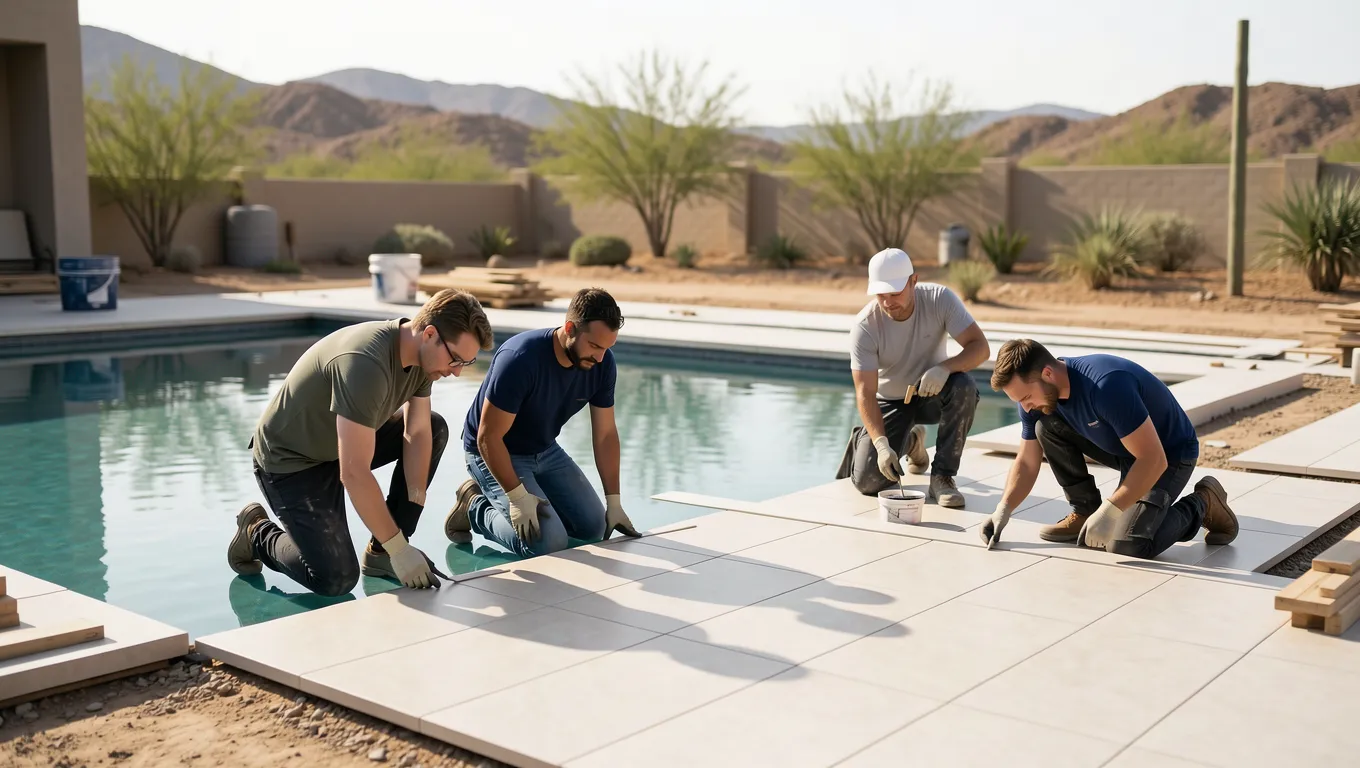 A professional crew installing tiles for a luxury backyard pool funded by long term personal loans.